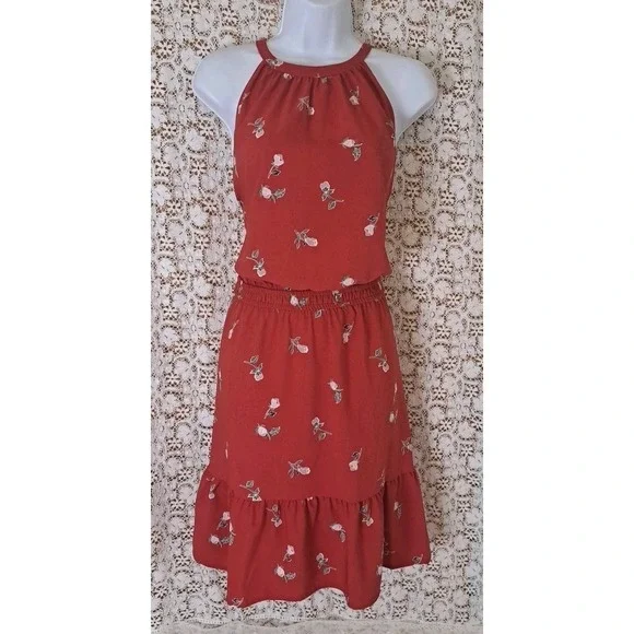 Loft Halter Dress L Brick Red Floral Elastic Waist High Neck Keyhole Back Summer - Picture 2 of 9